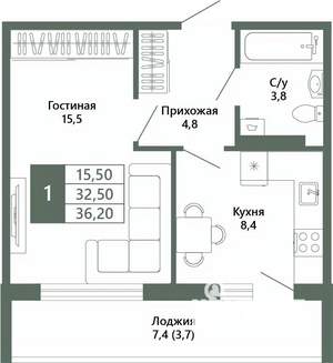 1-к квартира, вторичка, 36м2, 15/15 этаж