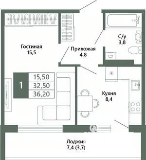1-к квартира, вторичка, 36м2, 12/15 этаж