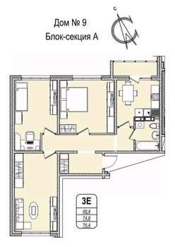 3-к квартира, строящийся дом, 76м2, 8/16 этаж