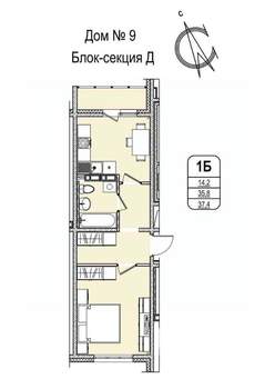 1-к квартира, строящийся дом, 37м2, 11/16 этаж