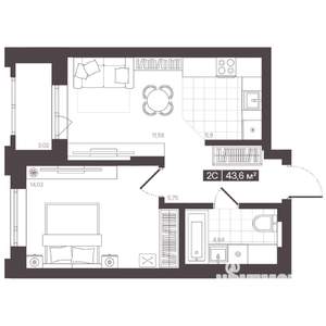 2-к квартира, строящийся дом, 44м2, 9/16 этаж