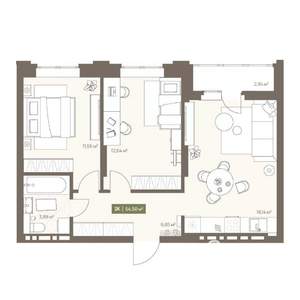 2-к квартира, вторичка, 55м2, 8/16 этаж