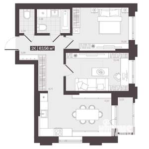 2-к квартира, строящийся дом, 64м2, 12/16 этаж