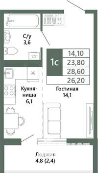 1-к квартира, вторичка, 26м2, 12/15 этаж