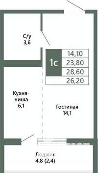 1-к квартира, вторичка, 26м2, 8/15 этаж
