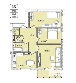 3-к квартира, строящийся дом, 79м2, 14/16 этаж