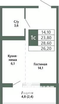 1-к квартира, вторичка, 26м2, 7/15 этаж