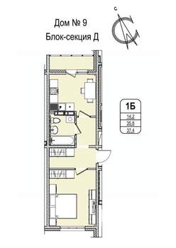 1-к квартира, строящийся дом, 37м2, 14/16 этаж
