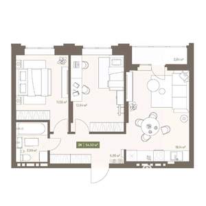 2-к квартира, вторичка, 55м2, 12/16 этаж