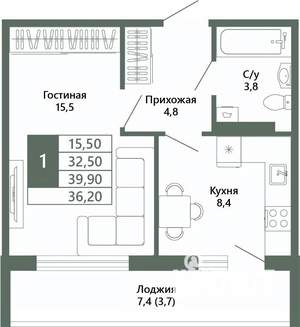 1-к квартира, вторичка, 36м2, 6/15 этаж
