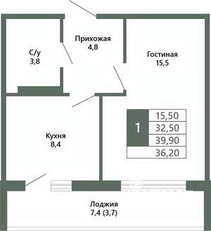 1-к квартира, вторичка, 36м2, 2/15 этаж