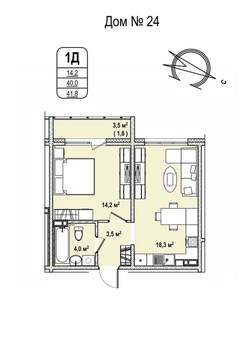 1-к квартира, строящийся дом, 42м2, 2/17 этаж