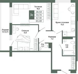 2-к квартира, вторичка, 63м2, 4/15 этаж