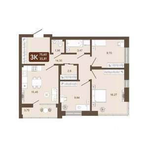 3-к квартира, вторичка, 76м2, 14/25 этаж