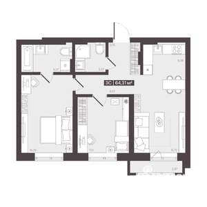 3-к квартира, строящийся дом, 64м2, 2/6 этаж