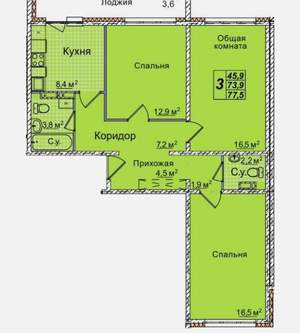 3-к квартира, вторичка, 78м2, 1/16 этаж