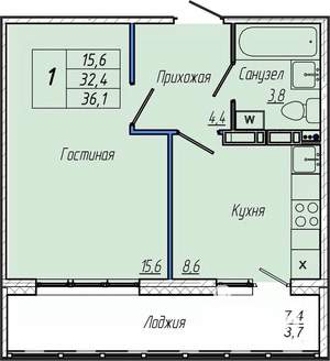 1-к квартира, вторичка, 36м2, 4/17 этаж