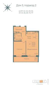 2-к квартира, вторичка, 42м2, 1/10 этаж