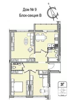 3-к квартира, строящийся дом, 78м2, 11/16 этаж
