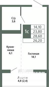1-к квартира, вторичка, 26м2, 12/15 этаж
