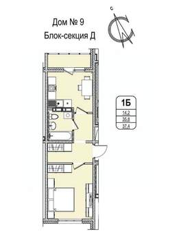 1-к квартира, строящийся дом, 37м2, 8/16 этаж