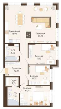 3-к квартира, строящийся дом, 114м2, 4/7 этаж