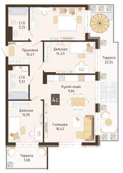 3-к квартира, строящийся дом, 91м2, 2/7 этаж