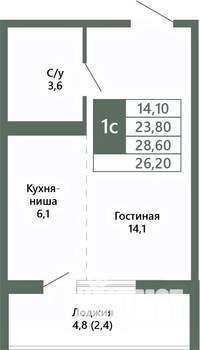 1-к квартира, вторичка, 26м2, 8/15 этаж