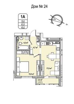 1-к квартира, строящийся дом, 43м2, 3/17 этаж