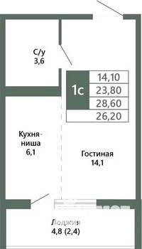 1-к квартира, вторичка, 26м2, 11/15 этаж