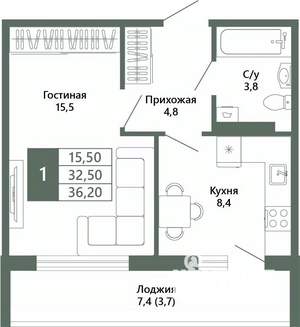 1-к квартира, вторичка, 36м2, 13/15 этаж