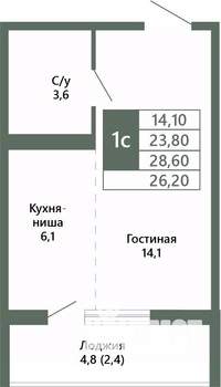 1-к квартира, вторичка, 26м2, 4/15 этаж