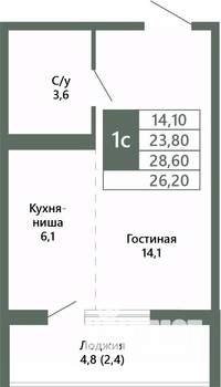 1-к квартира, вторичка, 26м2, 7/15 этаж