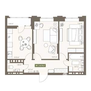 2-к квартира, вторичка, 50м2, 8/16 этаж