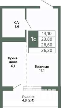 1-к квартира, вторичка, 26м2, 13/15 этаж