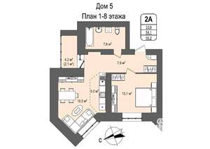 2-к квартира, строящийся дом, 56м2, 8/16 этаж