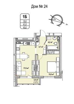 1-к квартира, строящийся дом, 43м2, 4/17 этаж