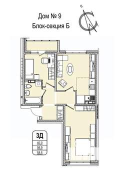 3-к квартира, строящийся дом, 59м2, 2/16 этаж