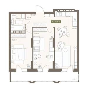 2-к квартира, вторичка, 62м2, 12/16 этаж