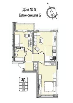 3-к квартира, строящийся дом, 59м2, 11/16 этаж