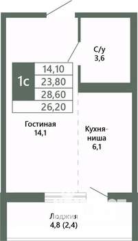 1-к квартира, вторичка, 26м2, 12/15 этаж
