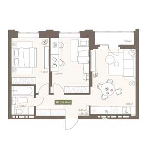 2-к квартира, вторичка, 55м2, 2/16 этаж