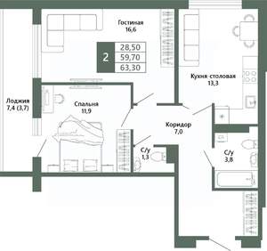 2-к квартира, вторичка, 63м2, 13/15 этаж