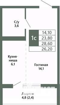 1-к квартира, вторичка, 26м2, 3/15 этаж