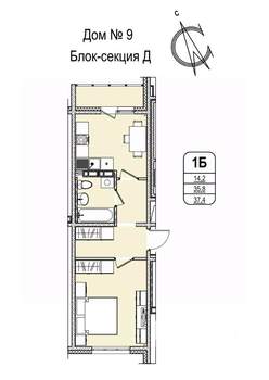 1-к квартира, строящийся дом, 37м2, 4/16 этаж