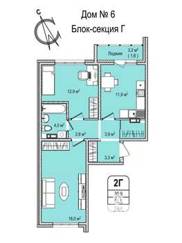 2-к квартира, строящийся дом, 58м2, 12/16 этаж