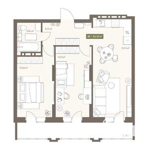 2-к квартира, вторичка, 62м2, 2/16 этаж