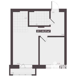 2-к квартира, строящийся дом, 44м2, 5/9 этаж