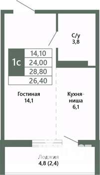 1-к квартира, вторичка, 26м2, 5/15 этаж