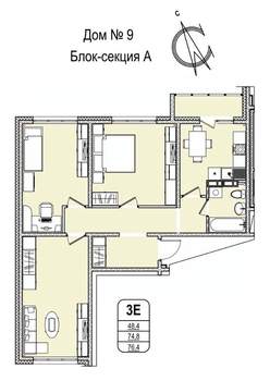 3-к квартира, строящийся дом, 76м2, 8/16 этаж
